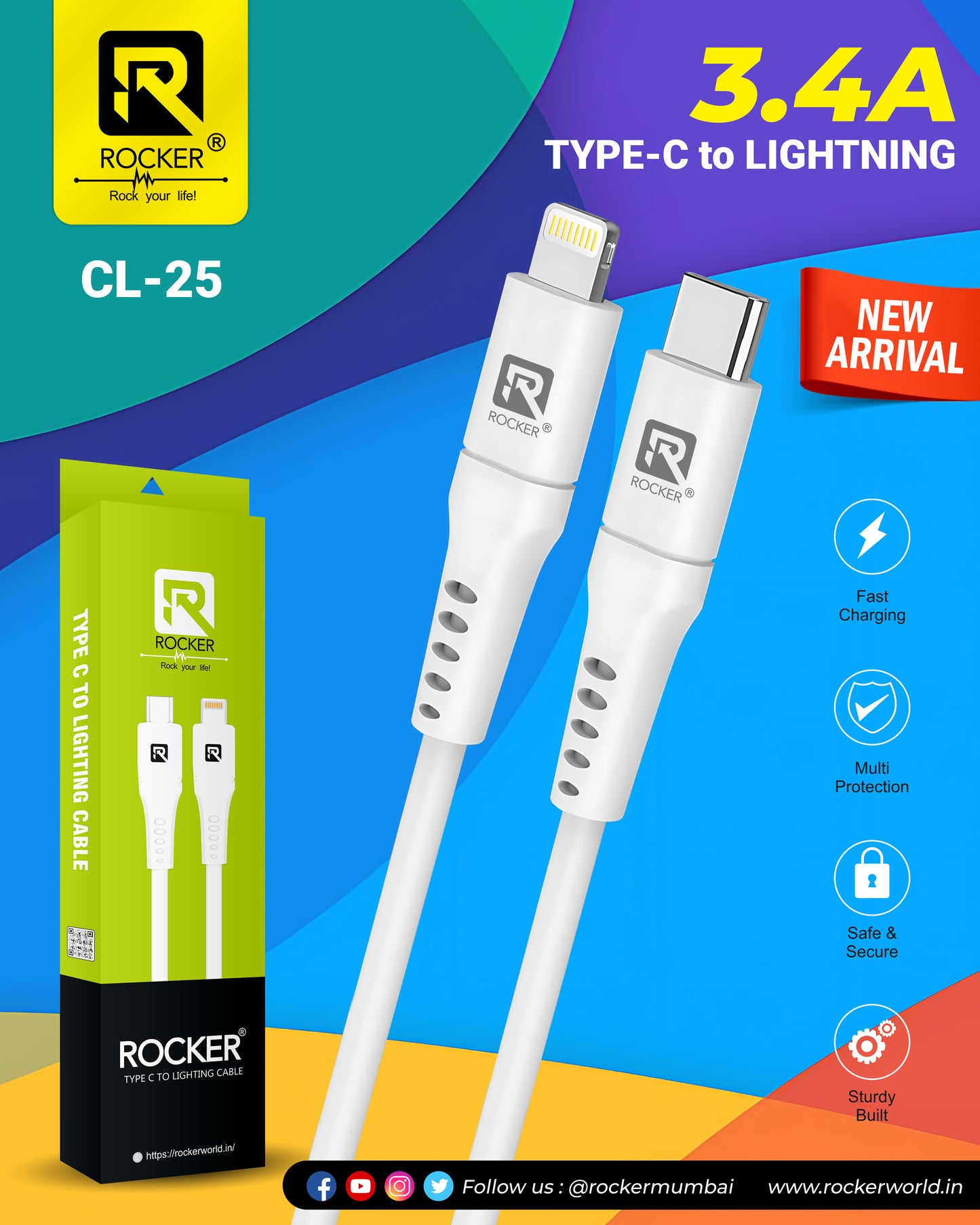 Rocker CL-25,  fast &Stable Charging Cable ,Type-C to Lightning