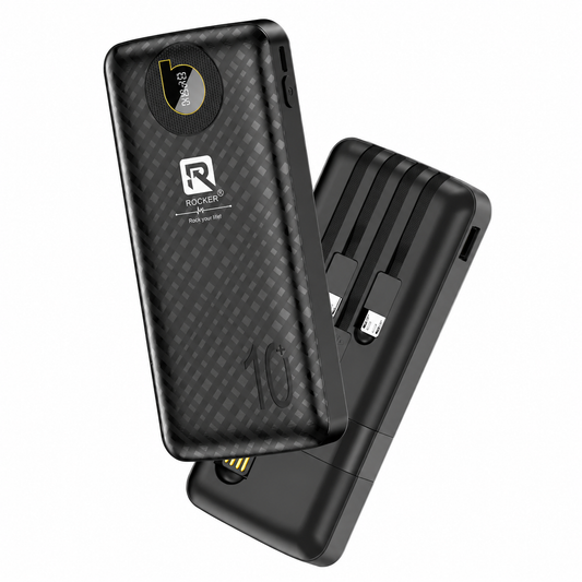 Rocker RPB 1100 12000mAh Fast Charging Power Bank with Digital Display and Built-in Cables. Portable, reliable, and perfect for Android & iPhone.