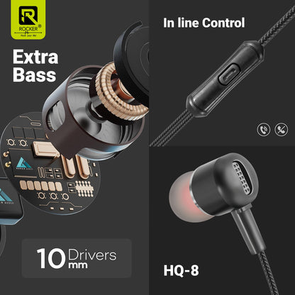 Rocker HQ-8 Wired Earphones | 10mm Bass Drivers | Inline Mic | 3.5mm Jack
