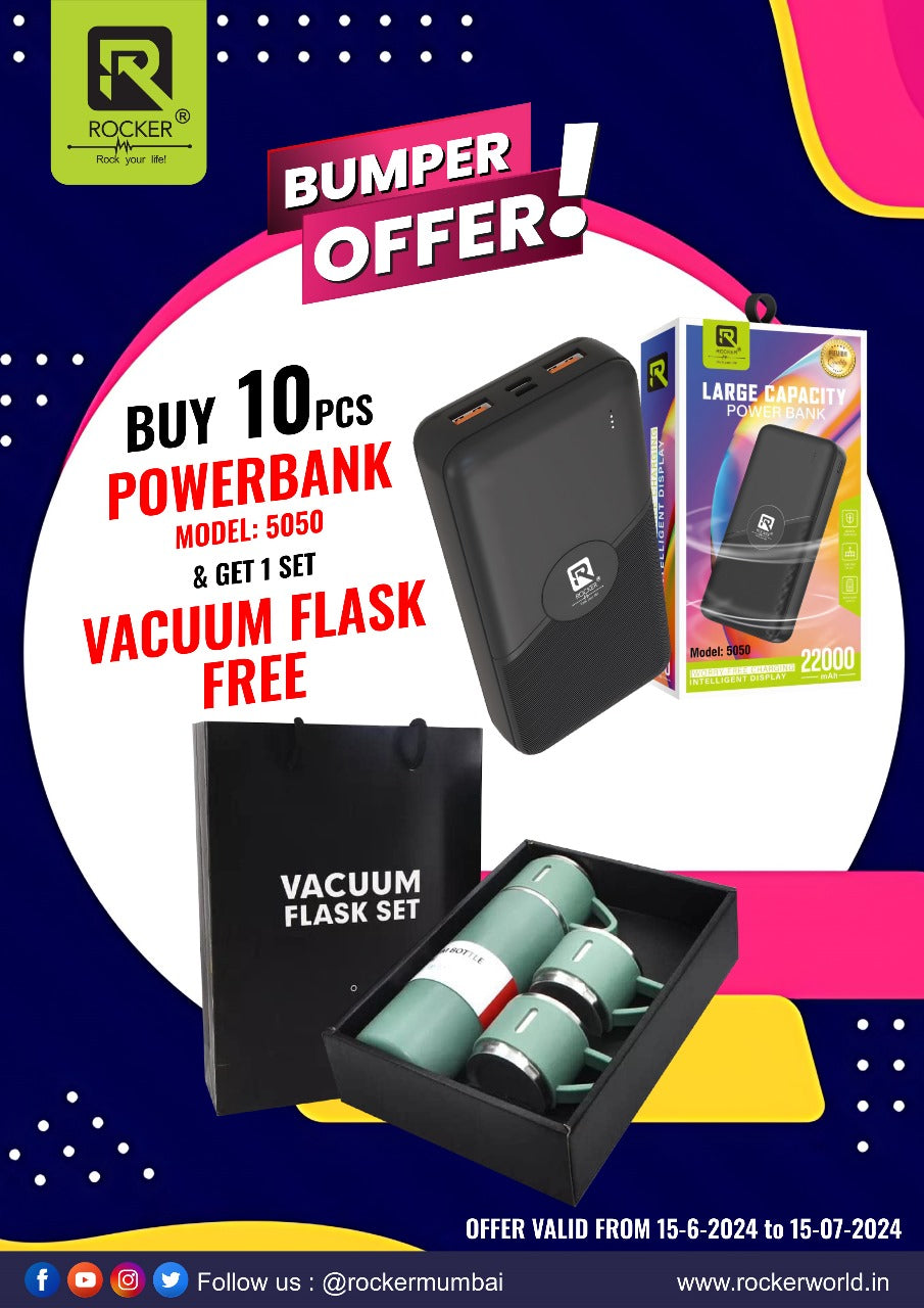 Rocker 5050 , Large Capacity Power Bank, Type-C  Input Output , 22000mAh (10 PCS) + FREE Vacume Flask