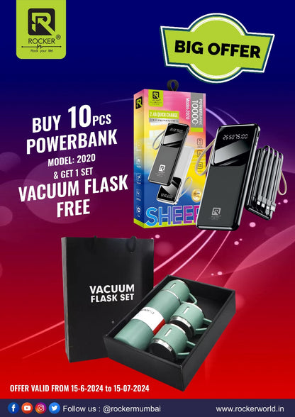 Rocker SHEER 2020, Power Bank , 10000mAh, 2.4A Quick Charge (10 PCS) + Free Vacume Fask