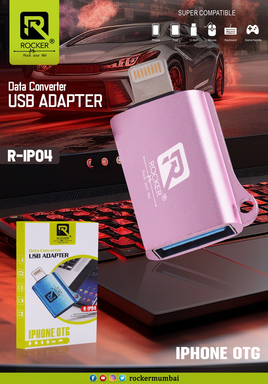 Rocker R-1P04 iPhone OTG Data USB Adapter | Fast & Stable Data Transfer | Compatible with iPhone 15/16/Plus/Pro/Max, iPad, Android Devices, and More