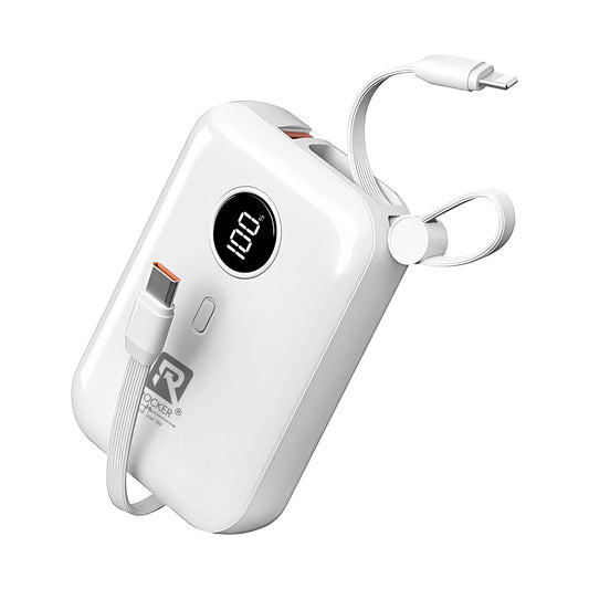Rocker Power Bank, 10000mAh, 22.5W PD Fast Charging, Type-C & Lightning Cables, Stylish Design with Percentage Display, Universal Compatibility (PB-3030)