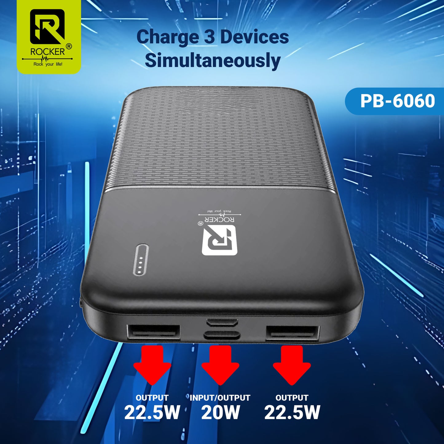 Rocker PB-6060 11000mAh Power Bank | 22.5W Fast Charging | Triple Port | USB-A, Type-C | Overcharging Protection | Compatible with Android, iOS, Tablets | Black & White