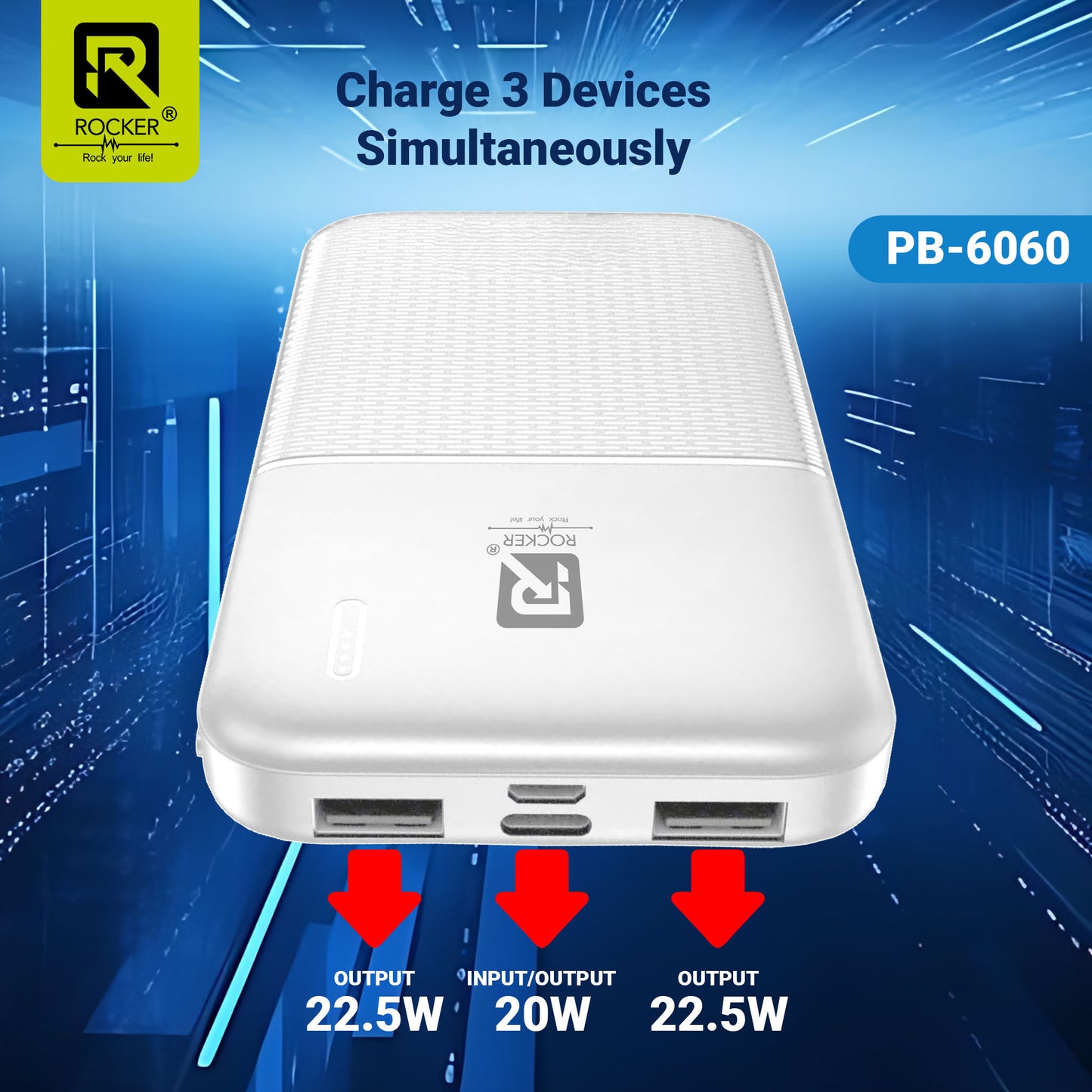 Rocker PB-6060 11000mAh Power Bank | 22.5W Fast Charging | Triple Port | USB-A, Type-C | Overcharging Protection | Compatible with Android, iOS, Tablets | Black & White