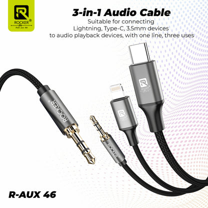 R-AUX46 3-in-1 Aux Cable | Universal Audio Cable for Cars, iPhone, Samsung & More | Durable, Noise-Isolating Design