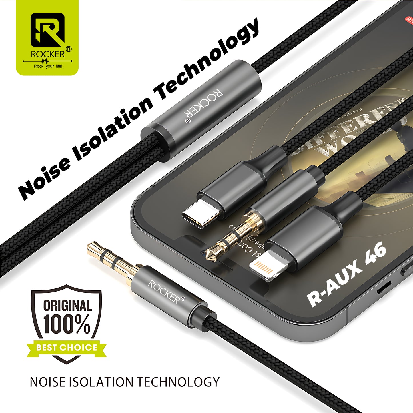 R-AUX46 3-in-1 Aux Cable | Universal Audio Cable for Cars, iPhone, Samsung & More | Durable, Noise-Isolating Design