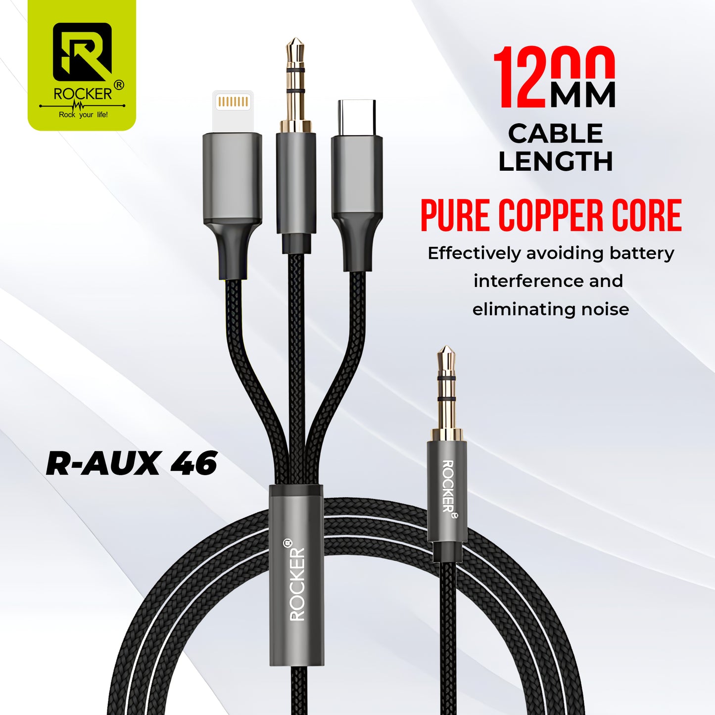 R-AUX46 3-in-1 Aux Cable | Universal Audio Cable for Cars, iPhone, Samsung & More | Durable, Noise-Isolating Design