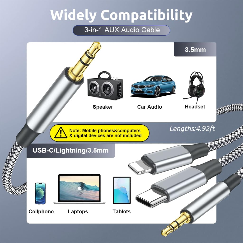 R-AUX46 3-in-1 Aux Cable | Universal Audio Cable for Cars, iPhone, Samsung & More | Durable, Noise-Isolating Design