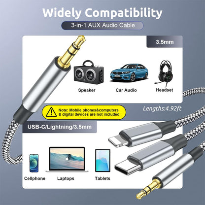 R-AUX46 3-in-1 Aux Cable | Universal Audio Cable for Cars, iPhone, Samsung & More | Durable, Noise-Isolating Design