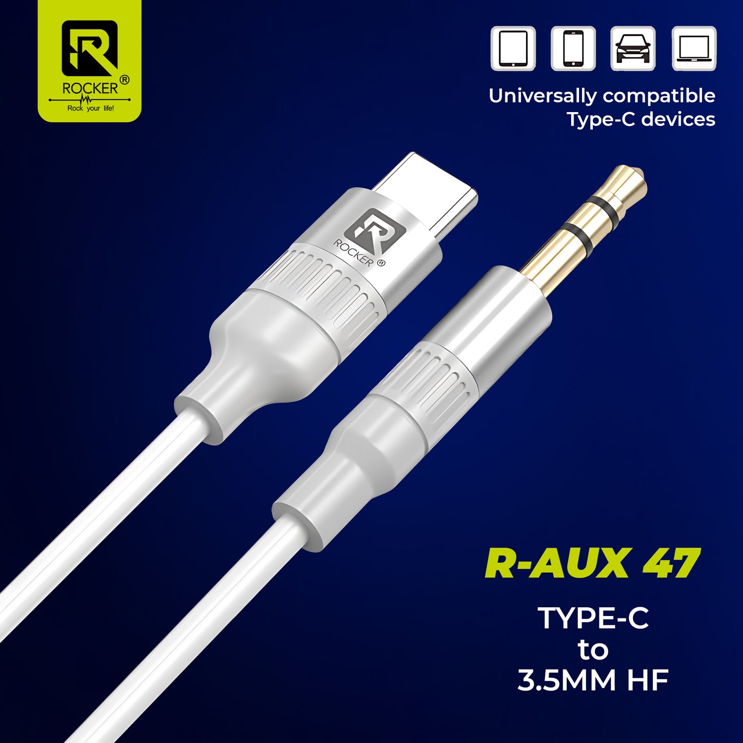 ROCKER R-AUX47 Type C to 3.5mm Aux Cable | Crystal Clear Sound, Noise Reduction, Universal Compatibility