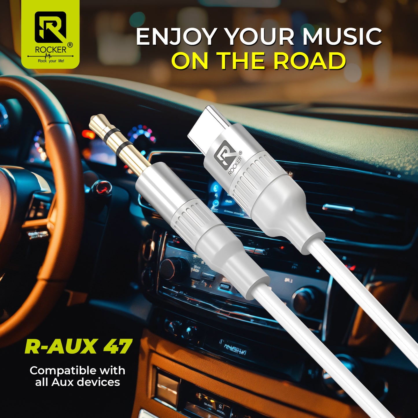 ROCKER R-AUX47 Type C to 3.5mm Aux Cable | Crystal Clear Sound, Noise Reduction, Universal Compatibility