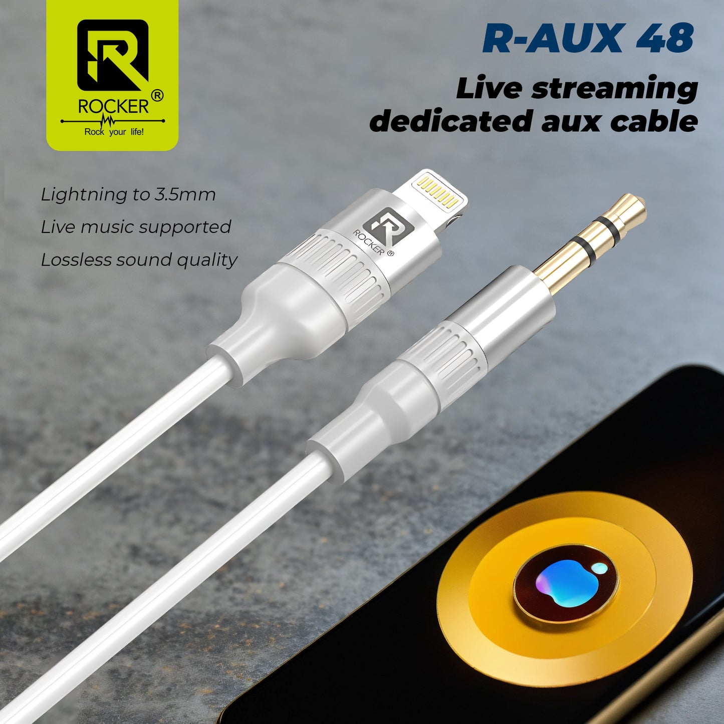 ROCKER R-AUX48 iPhone Aux Cable | Premium Lightning to 3.5mm Audio Cable | Durable Nylon Braided with Gold-Plated Connectors