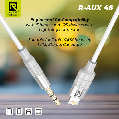 ROCKER R-AUX48 iPhone Aux Cable | Premium Lightning to 3.5mm Audio Cable | Durable Nylon Braided with Gold-Plated Connectors