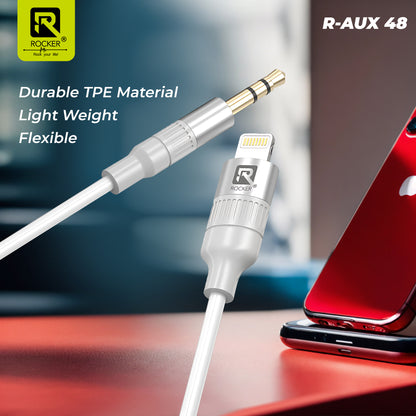 ROCKER R-AUX48 iPhone Aux Cable | Premium Lightning to 3.5mm Audio Cable | Durable Nylon Braided with Gold-Plated Connectors