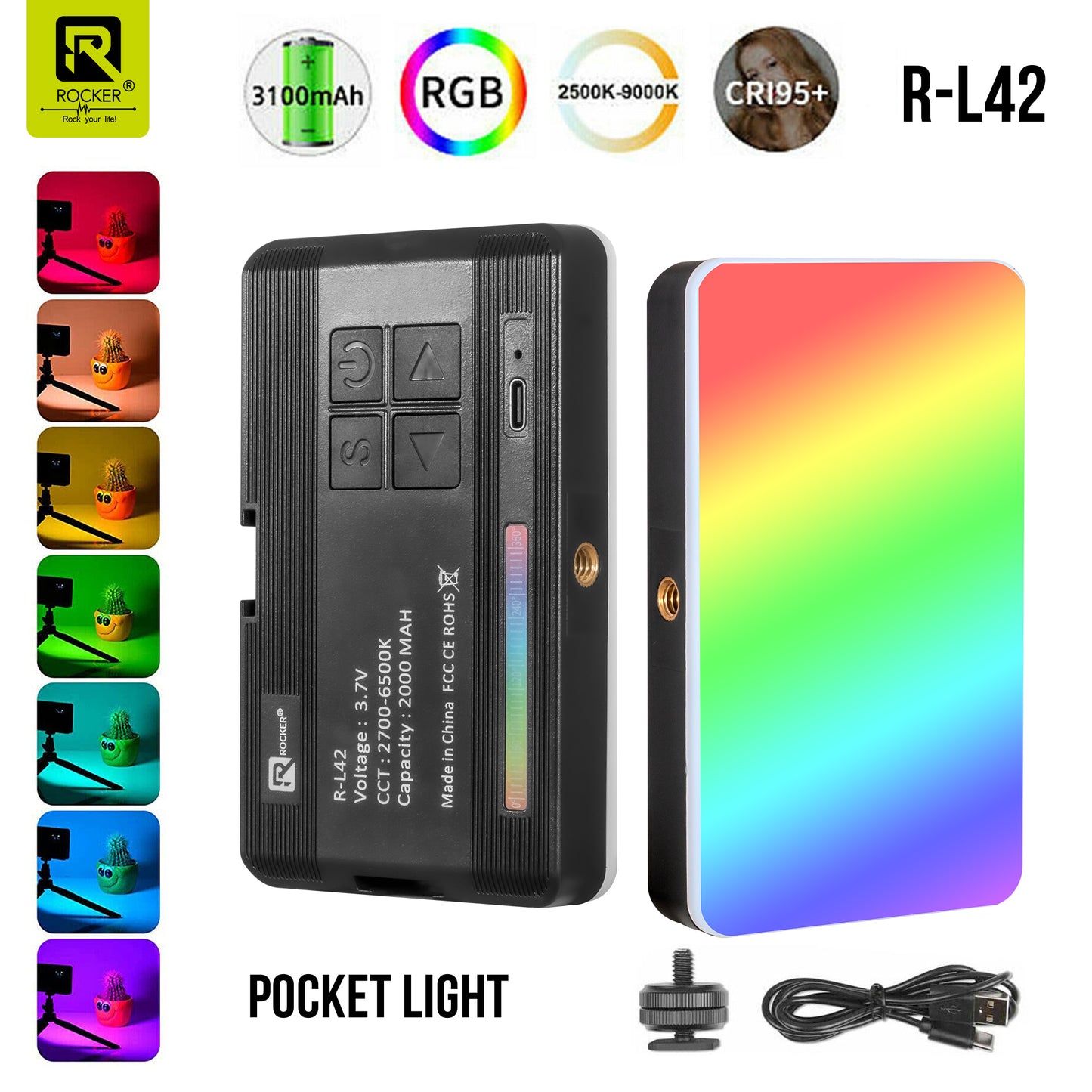 ROCKER R-L42 7W RGB LED Video Light – Adjustable Brightness, 360° Color Control, 16 Preset Effects, Type-C Rechargeable for Photography & Video Shoots