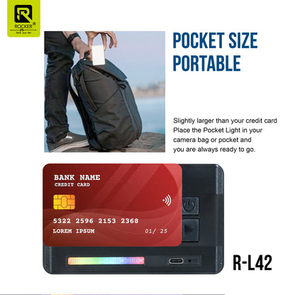 ROCKER R-L42 7W RGB LED Video Light – Adjustable Brightness, 360° Color Control, 16 Preset Effects, Type-C Rechargeable for Photography & Video Shoots