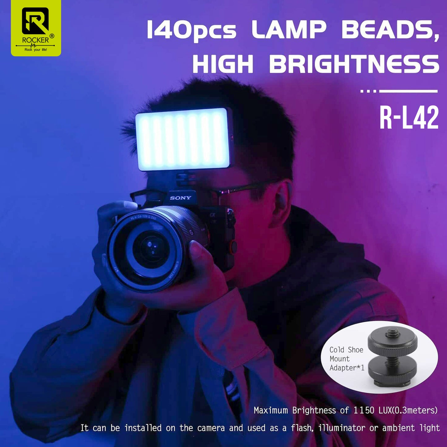 ROCKER R-L42 7W RGB LED Video Light – Adjustable Brightness, 360° Color Control, 16 Preset Effects, Type-C Rechargeable for Photography & Video Shoots