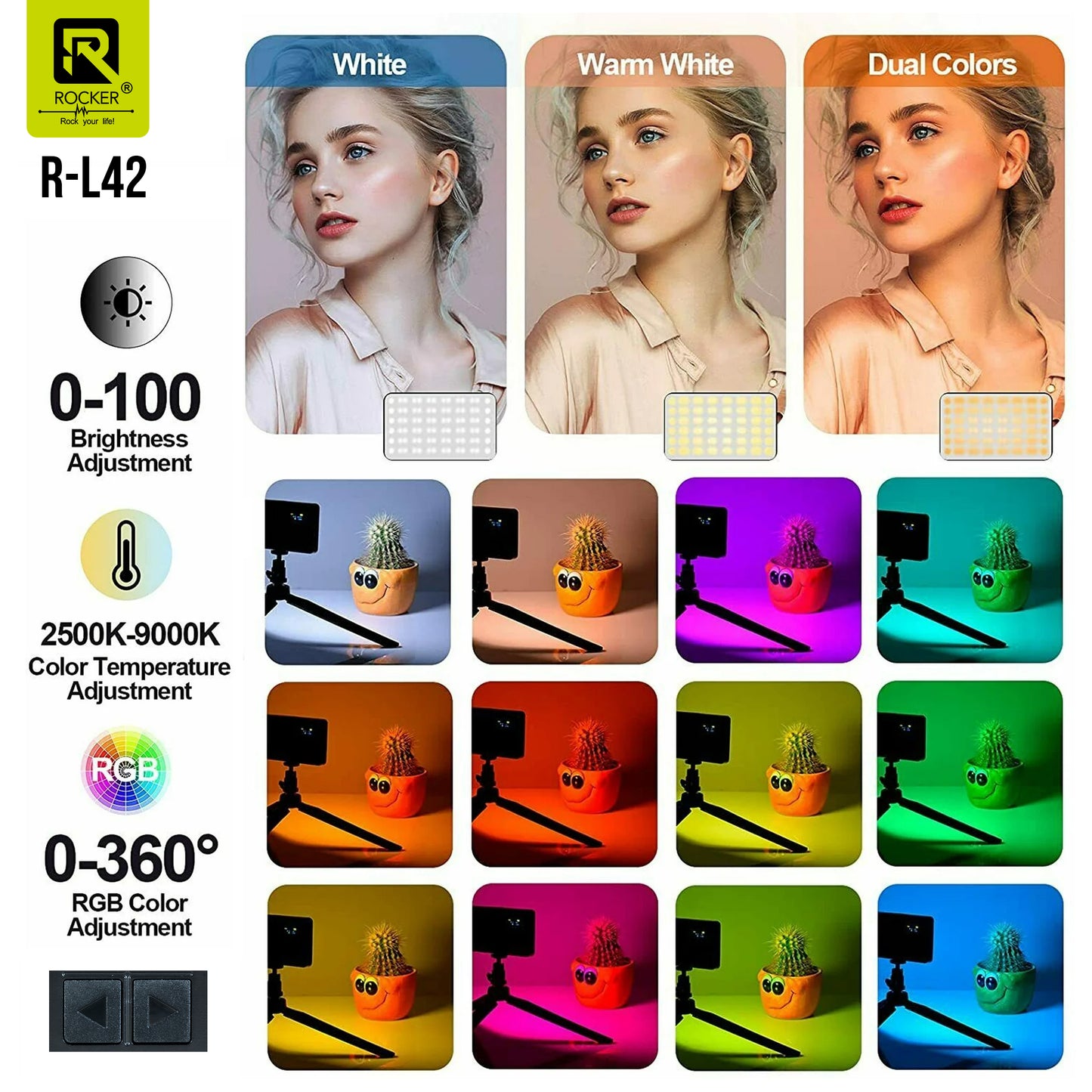 ROCKER R-L42 7W RGB LED Video Light – Adjustable Brightness, 360° Color Control, 16 Preset Effects, Type-C Rechargeable for Photography & Video Shoots