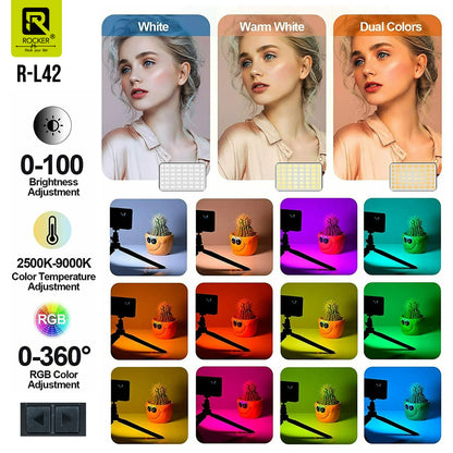 ROCKER R-L42 7W RGB LED Video Light – Adjustable Brightness, 360° Color Control, 16 Preset Effects, Type-C Rechargeable for Photography & Video Shoots