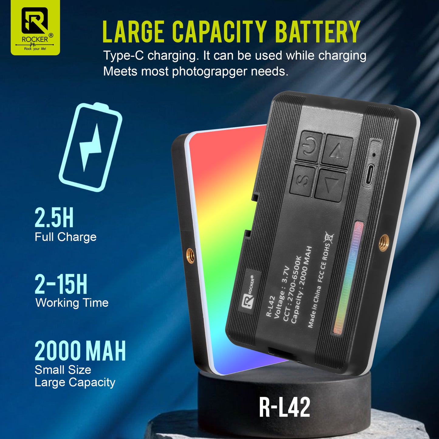 ROCKER R-L42 7W RGB LED Video Light – Adjustable Brightness, 360° Color Control, 16 Preset Effects, Type-C Rechargeable for Photography & Video Shoots