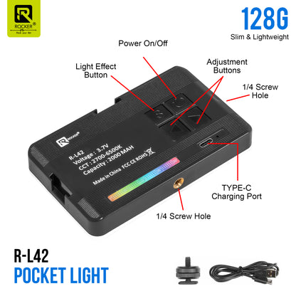 ROCKER R-L42 7W RGB LED Video Light – Adjustable Brightness, 360° Color Control, 16 Preset Effects, Type-C Rechargeable for Photography & Video Shoots