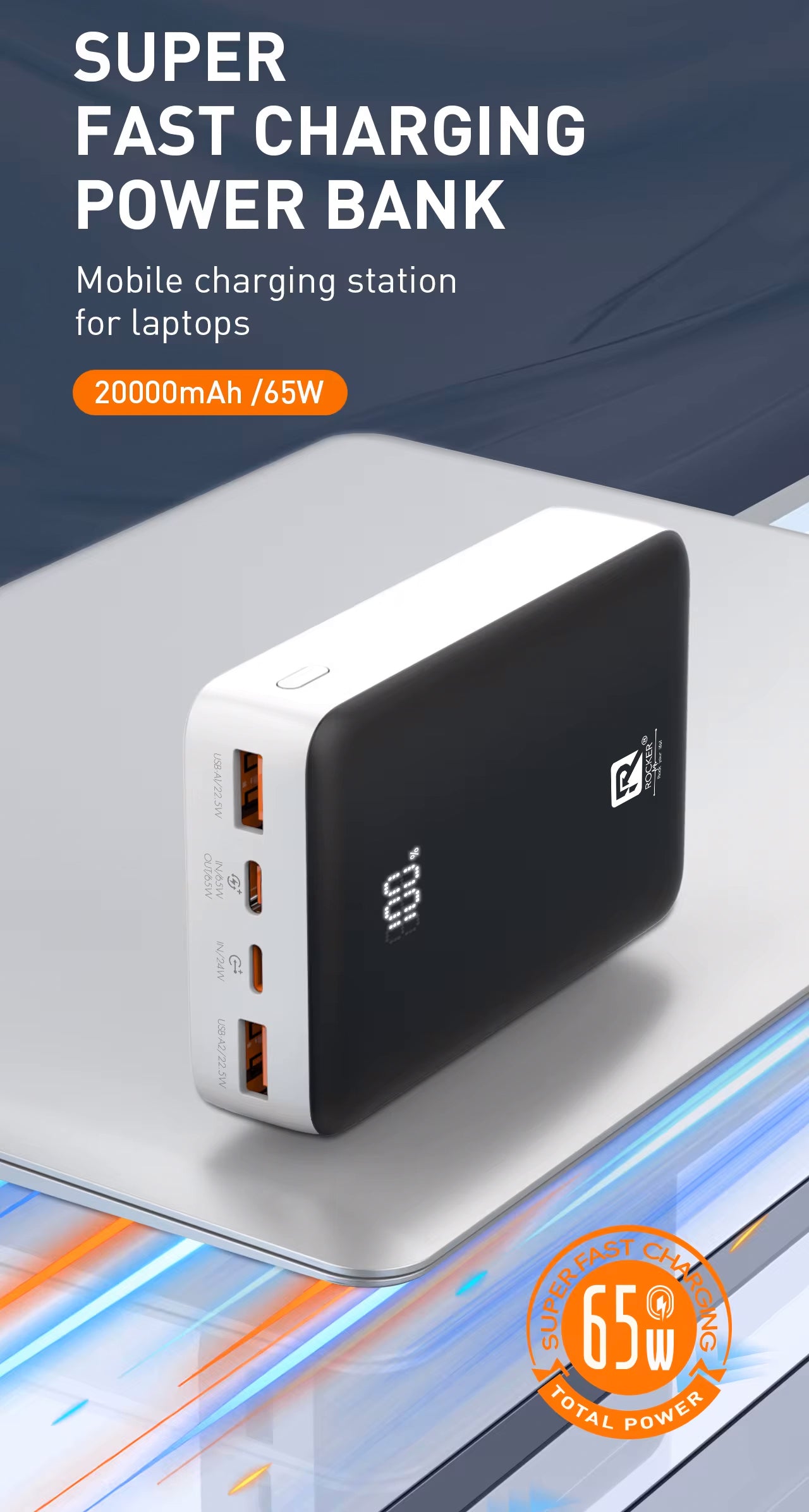 Rocker RPQ27 20,000mAh 65W PD Super Fast Charging Power Bank, Charges macbooks, laptops, DSLRs and Gaming Console