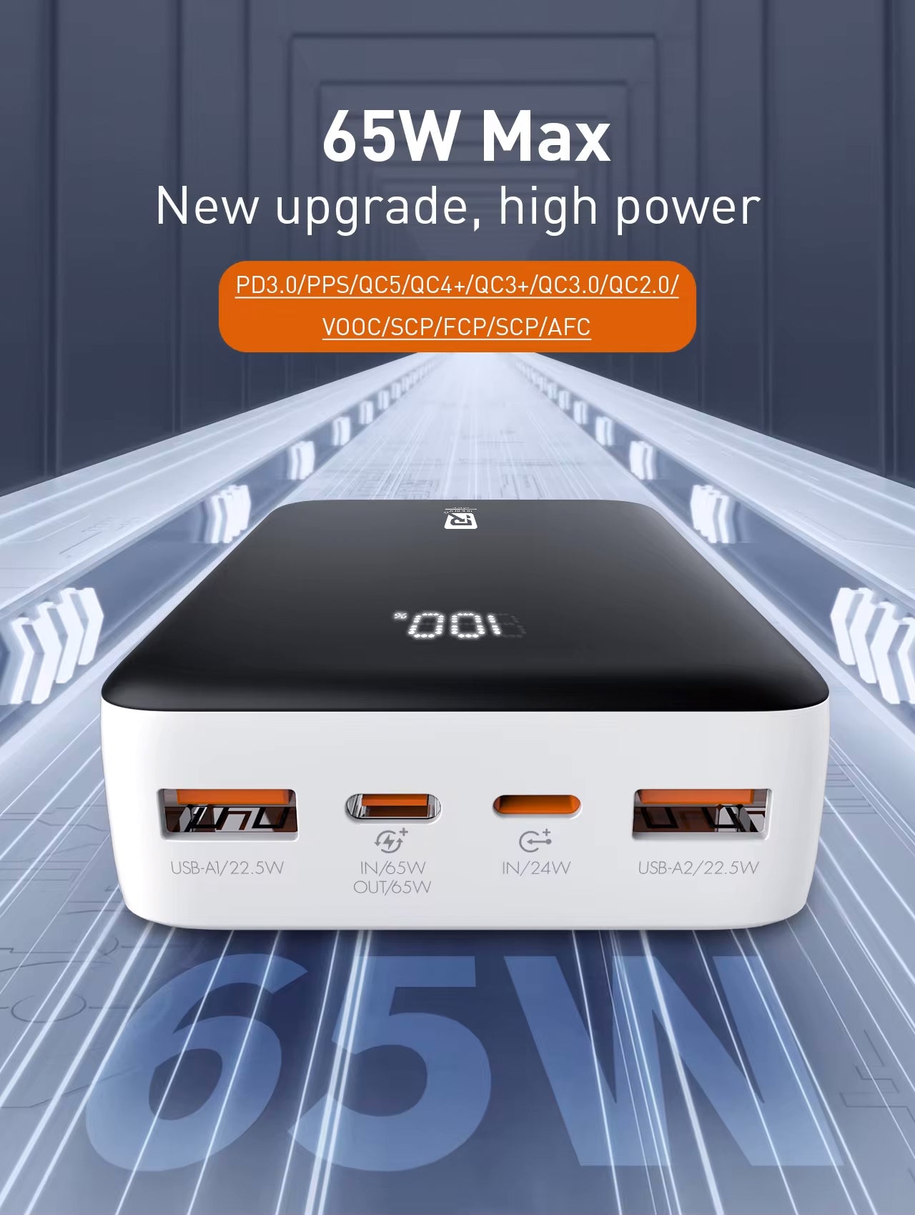 Rocker RPQ27 20,000mAh 65W PD Super Fast Charging Power Bank, Charges macbooks, laptops, DSLRs and Gaming Console
