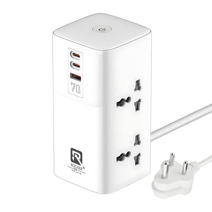 Rocker R-SC4383 Tower Power Plate 7 – 70W Super Fast Charging Extension Board with GaN Technology, 4 Universal Sockets, 2 Type-C Ports, USB Port, and Heavy-Duty 200CM Cord for Home & Office