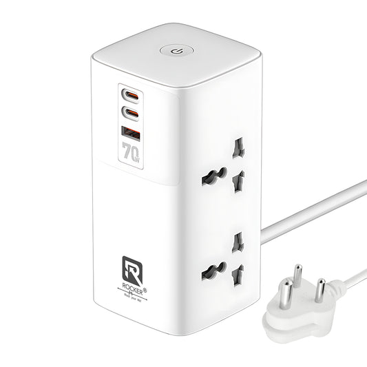Rocker R-SC4383 Tower Power Plate 7 – 70W Super Fast Charging Extension Board with GaN Technology, 4 Universal Sockets, 2 Type-C Ports, USB Port, and Heavy-Duty 200CM Cord for Home & Office