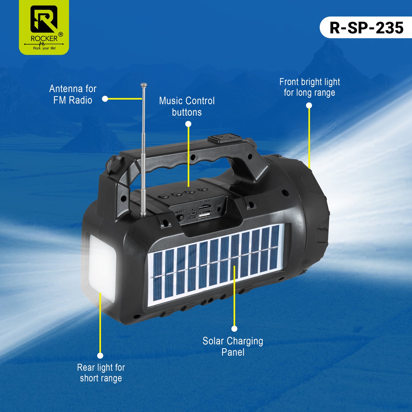 Rocker RSP-235 Solar Wireless Speaker with Torch | Portable Bluetooth Speaker for Outdoor, Camping & Farming - 5W Powerful Sound, 1200mAh Battery, USB/TF Card Support
