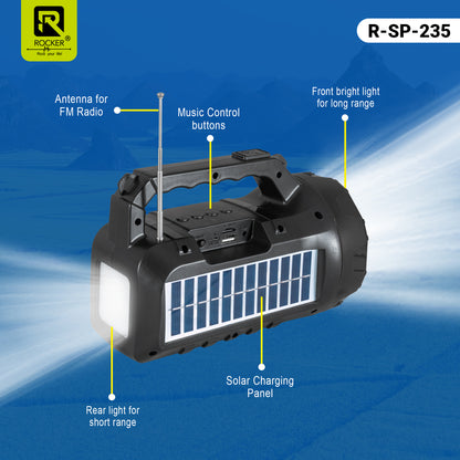 Rocker RSP-235 Solar Wireless Speaker with Torch | Portable Bluetooth Speaker for Outdoor, Camping & Farming - 5W Powerful Sound, 1200mAh Battery, USB/TF Card Support