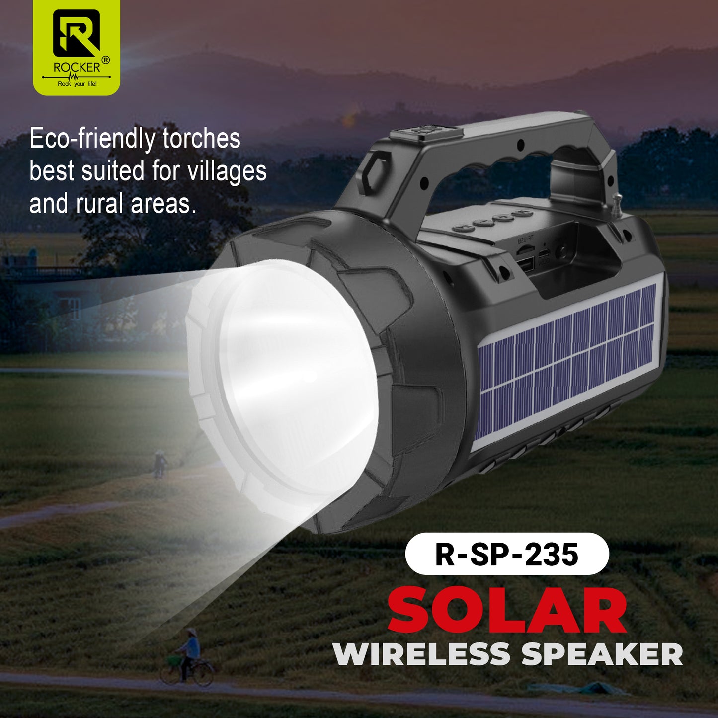 Rocker RSP-235 Solar Wireless Speaker with Torch | Portable Bluetooth Speaker for Outdoor, Camping & Farming - 5W Powerful Sound, 1200mAh Battery, USB/TF Card Support