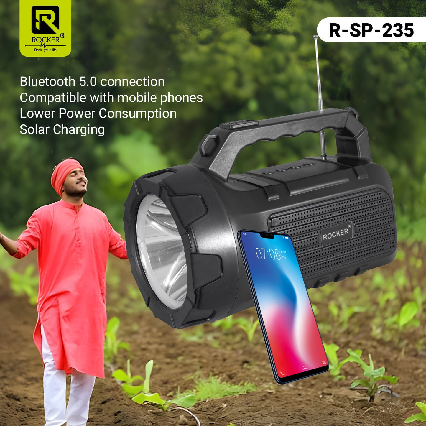 Rocker RSP-235 Solar Wireless Speaker with Torch | Portable Bluetooth Speaker for Outdoor, Camping & Farming - 5W Powerful Sound, 1200mAh Battery, USB/TF Card Support