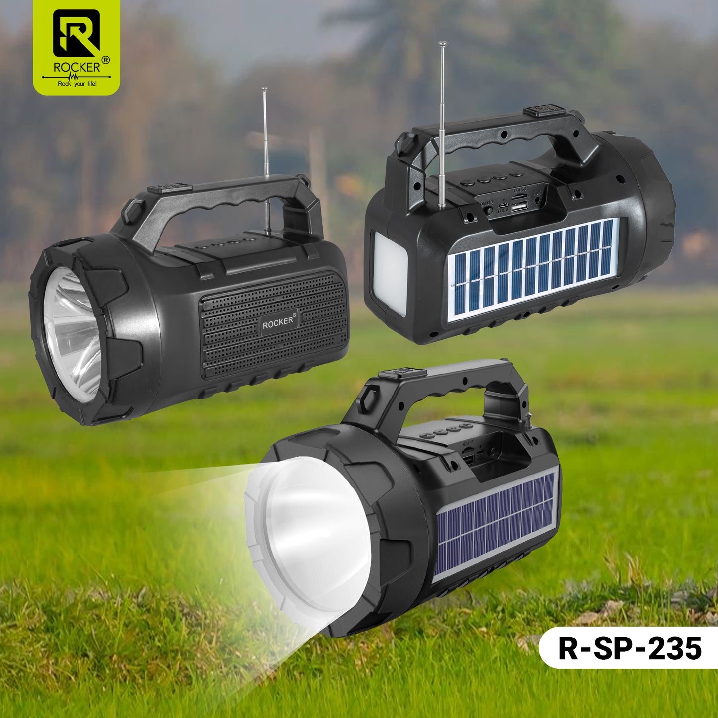 Rocker RSP-235 Solar Wireless Speaker with Torch | Portable Bluetooth Speaker for Outdoor, Camping & Farming - 5W Powerful Sound, 1200mAh Battery, USB/TF Card Support