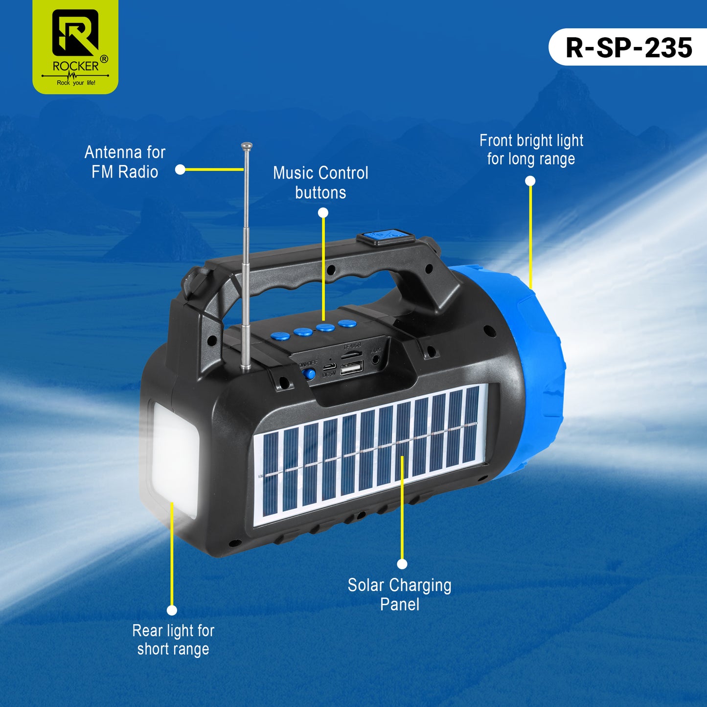 Rocker RSP-235 Solar Wireless Speaker with Torch | Portable Bluetooth Speaker for Outdoor, Camping & Farming - 5W Powerful Sound, 1200mAh Battery, USB/TF Card Support