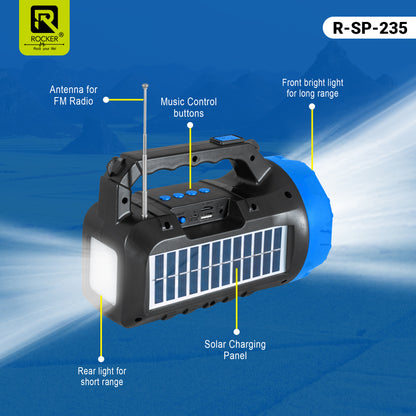 Rocker RSP-235 Solar Wireless Speaker with Torch | Portable Bluetooth Speaker for Outdoor, Camping & Farming - 5W Powerful Sound, 1200mAh Battery, USB/TF Card Support