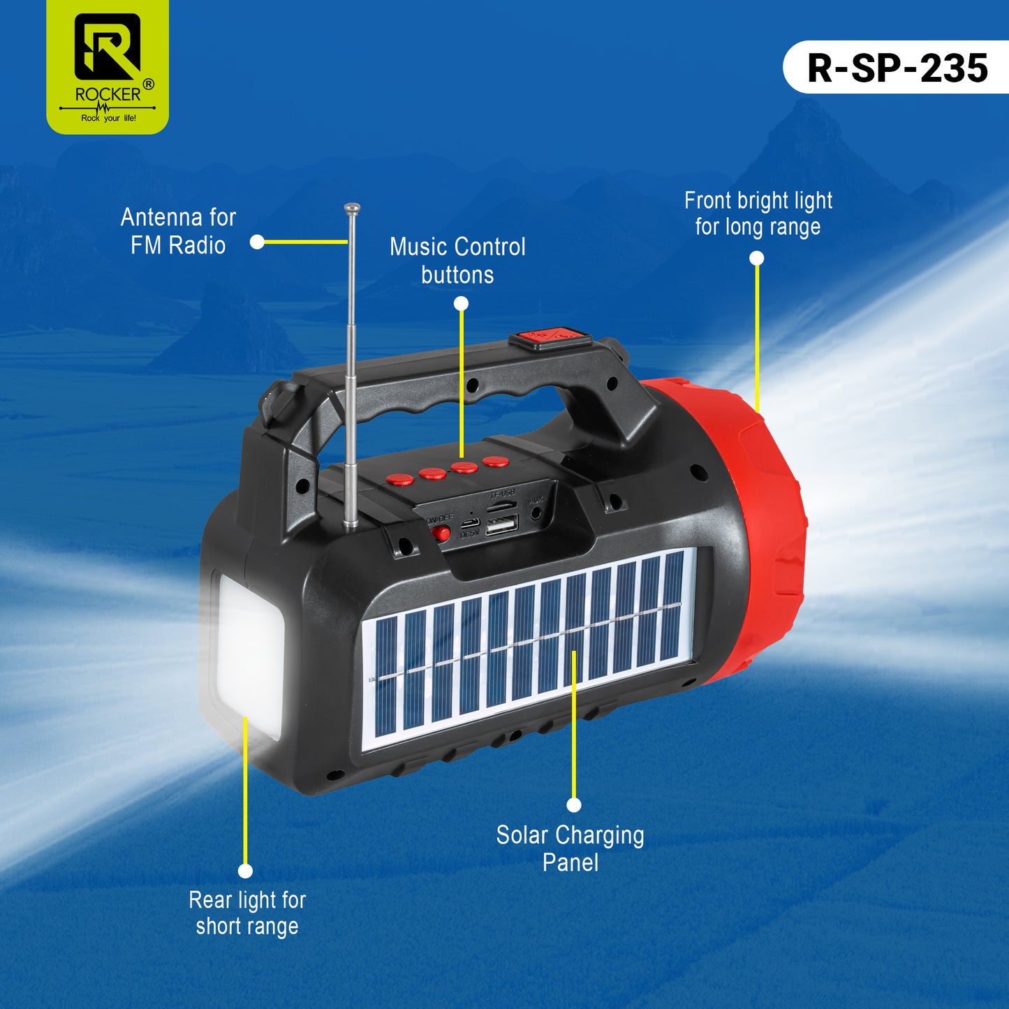 Rocker RSP-235 Solar Wireless Speaker with Torch | Portable Bluetooth Speaker for Outdoor, Camping & Farming - 5W Powerful Sound, 1200mAh Battery, USB/TF Card Support