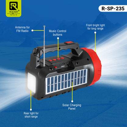 Rocker RSP-235 Solar Wireless Speaker with Torch | Portable Bluetooth Speaker for Outdoor, Camping & Farming - 5W Powerful Sound, 1200mAh Battery, USB/TF Card Support