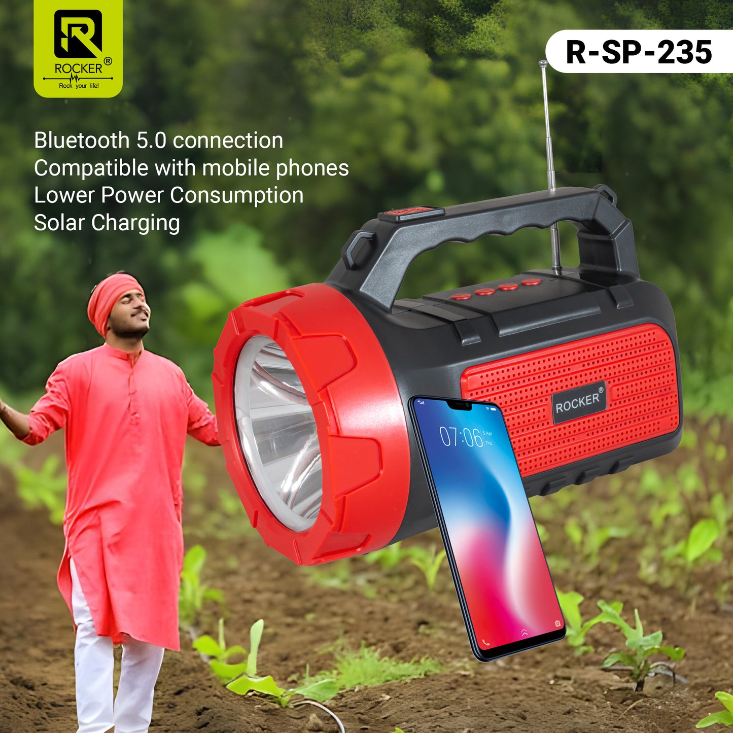 Rocker RSP-235 Solar Wireless Speaker with Torch | Portable Bluetooth Speaker for Outdoor, Camping & Farming - 5W Powerful Sound, 1200mAh Battery, USB/TF Card Support