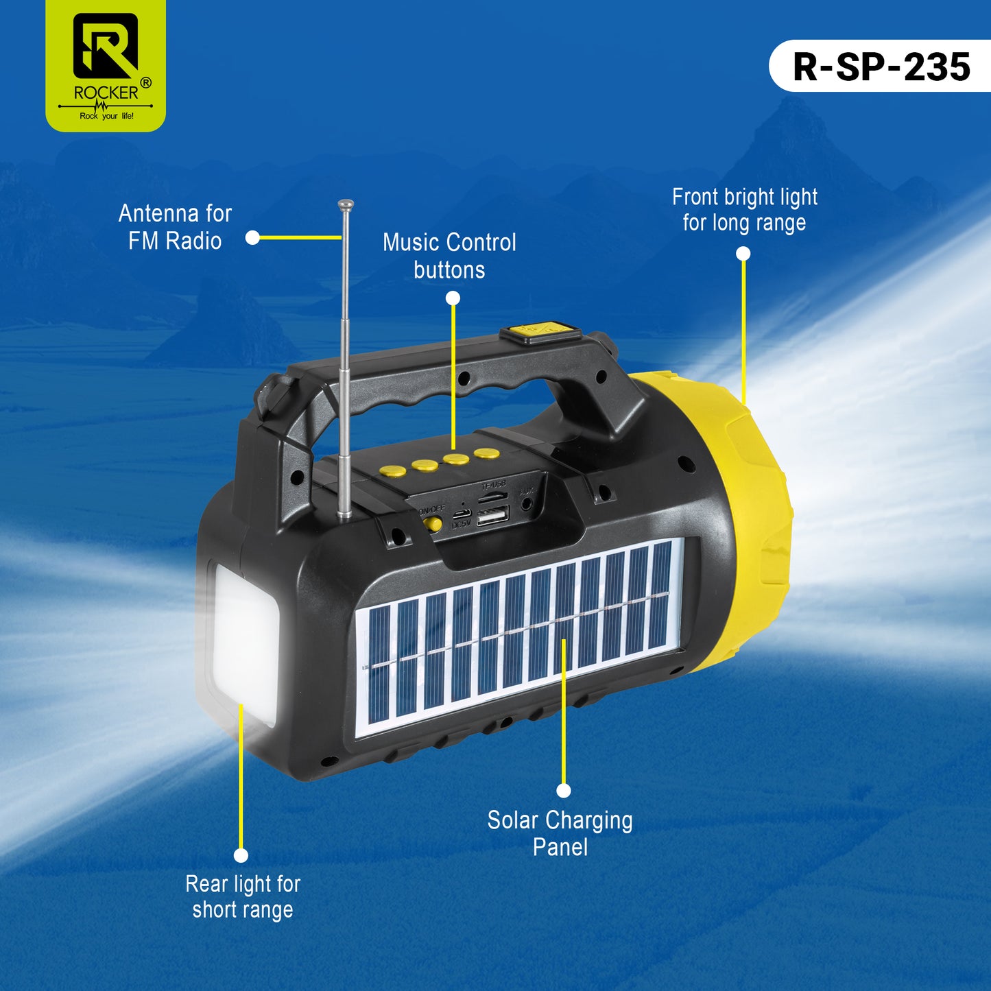 Rocker RSP-235 Solar Wireless Speaker with Torch | Portable Bluetooth Speaker for Outdoor, Camping & Farming - 5W Powerful Sound, 1200mAh Battery, USB/TF Card Support