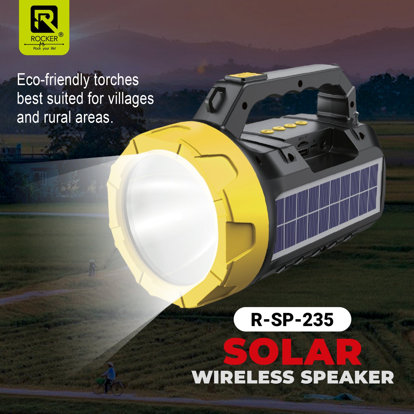 Rocker RSP-235 Solar Wireless Speaker with Torch | Portable Bluetooth Speaker for Outdoor, Camping & Farming - 5W Powerful Sound, 1200mAh Battery, USB/TF Card Support