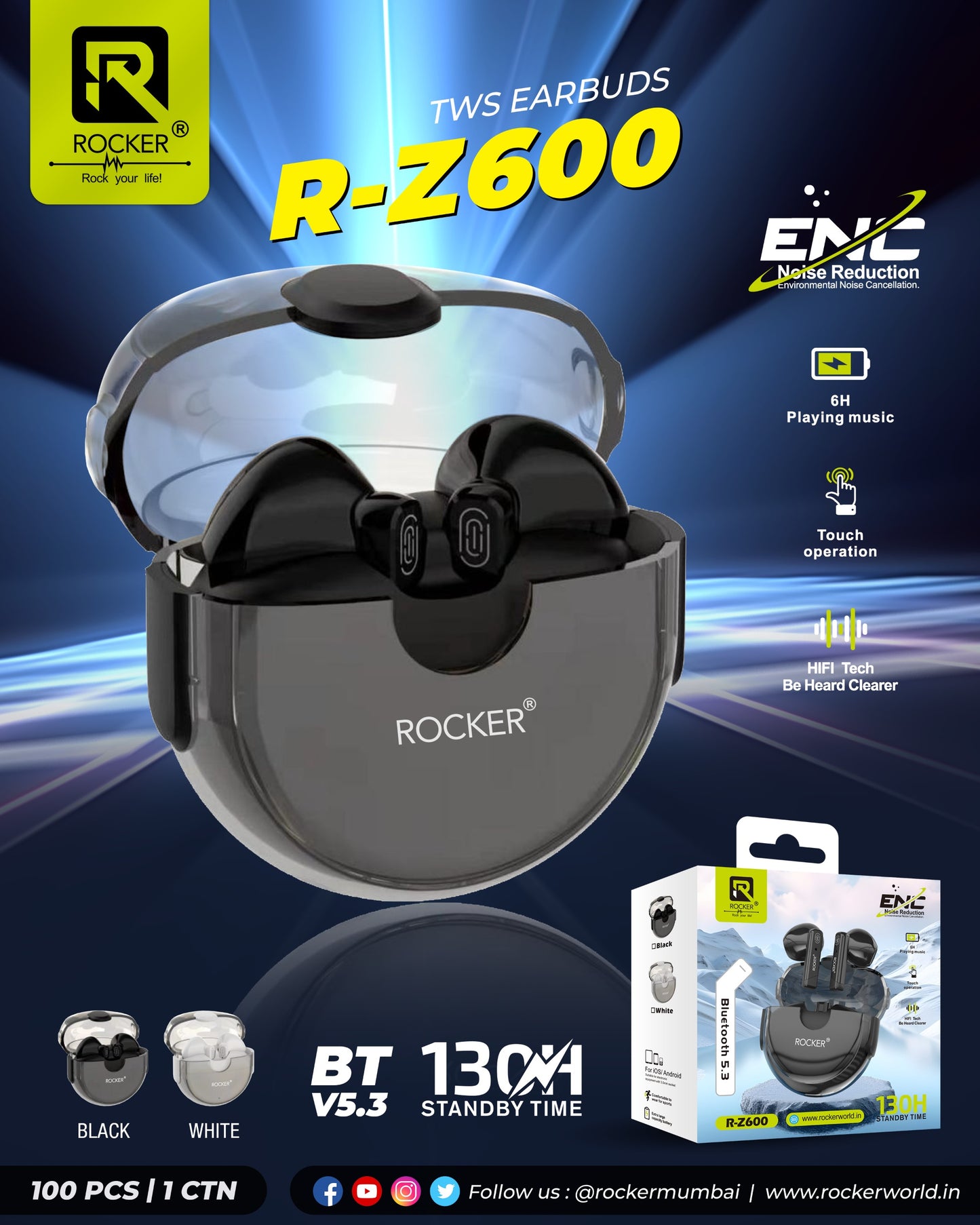 Rocker R-Z400 ENC AirPods - HiFi Sound, 130H Standby, Environmental Noise Cancellation, V5.3 Wireless, Comfortable for Sports & Everyday Use