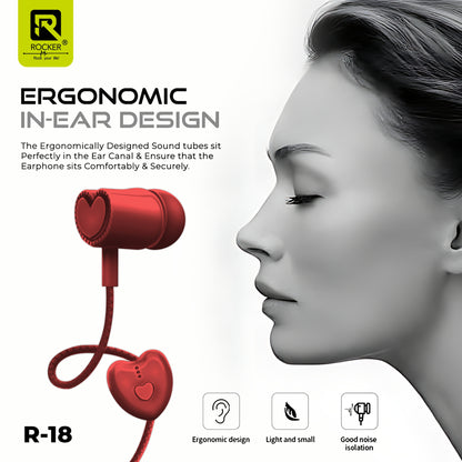 Rocker R-18 Wired Earphones for Girls with Mic – Heart Shape Design, Premium Bass, Comfortable Fit