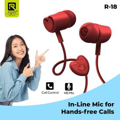 Rocker R-18 Wired Earphones for Girls with Mic – Heart Shape Design, Premium Bass, Comfortable Fit
