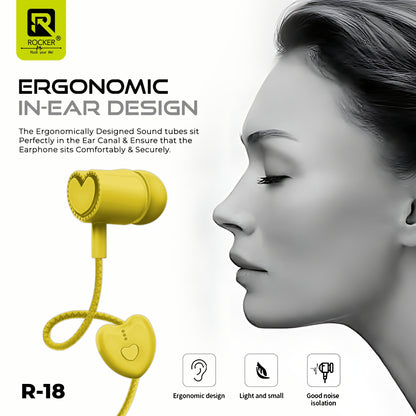 Rocker R-18 Wired Earphones for Girls with Mic – Heart Shape Design, Premium Bass, Comfortable Fit