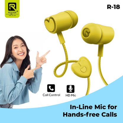Rocker R-18 Wired Earphones for Girls with Mic – Heart Shape Design, Premium Bass, Comfortable Fit