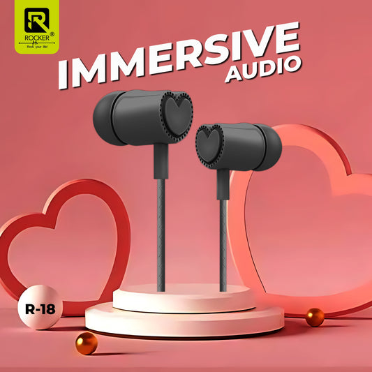 Rocker R-18 Wired Earphones for Girls with Mic – Heart Shape Design, Premium Bass, Comfortable Fit