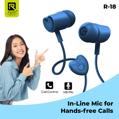 Rocker R-18 Wired Earphones for Girls with Mic – Heart Shape Design, Premium Bass, Comfortable Fit
