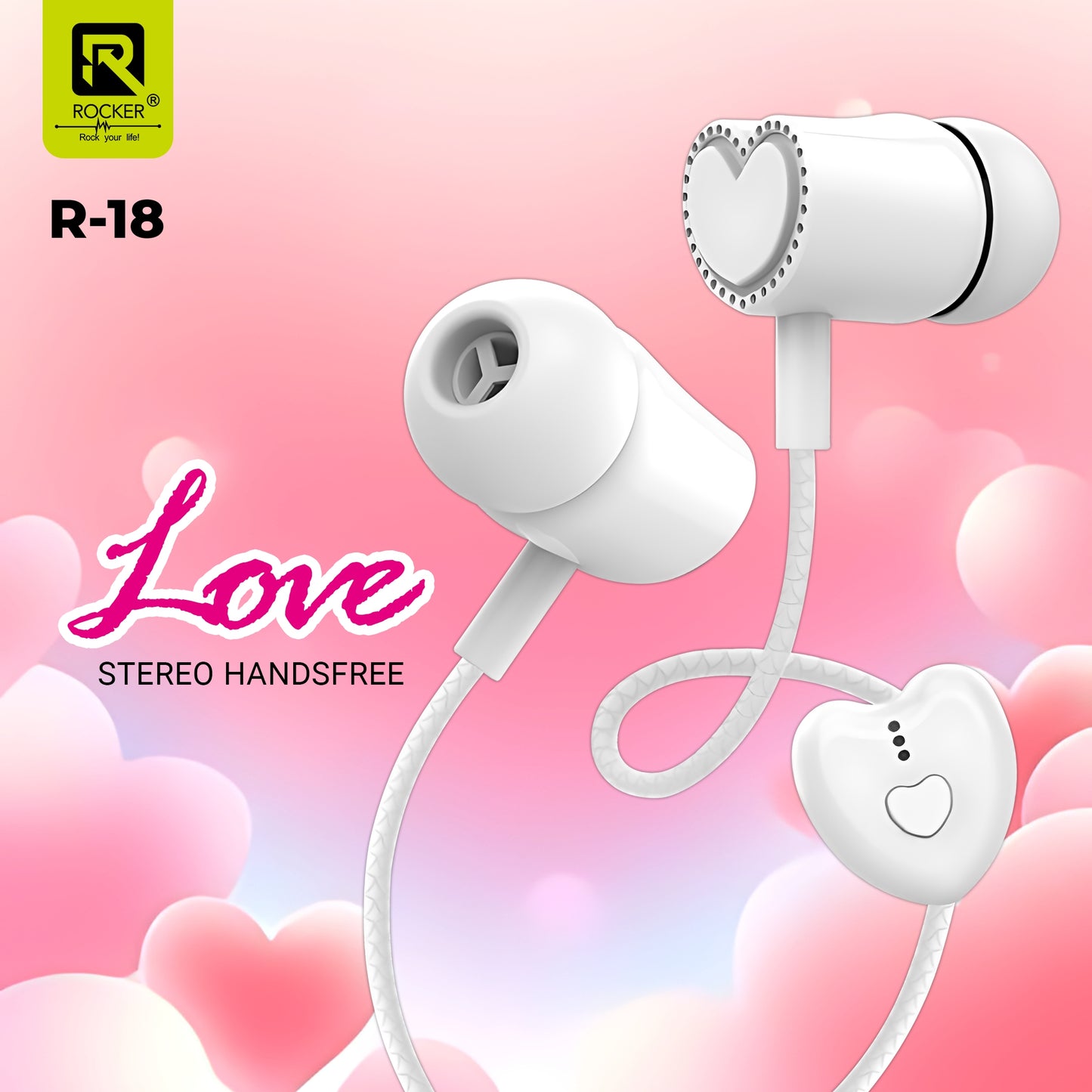Rocker R-18 Wired Earphones for Girls with Mic – Heart Shape Design, Premium Bass, Comfortable Fit
